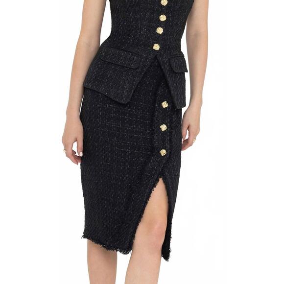 NEW GENERATION LOVE dio tweed midi skirt in black